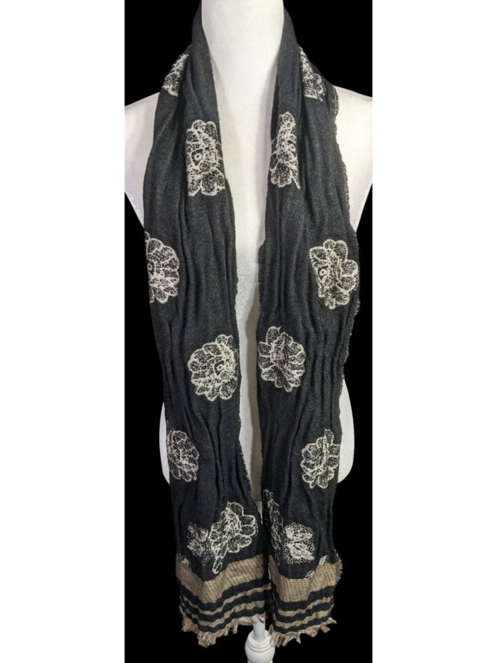 Vintage Guillaume De Mon Paris Black Floral Scarf Made In France 75" x 8" - Picture 2 of 10